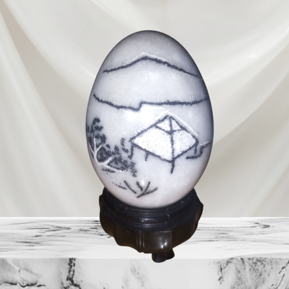 Vintage Hand Carved And Painted Marble Egg Art with Scenic Design Size 2.5 In
